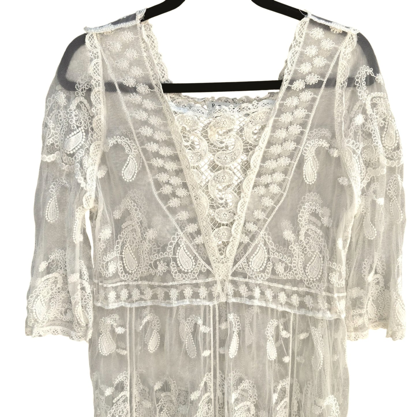 Pol Boho White Lace Sheer Floral Embroidery 3/4 Sleeves V-Neck Midi Coverup Dress