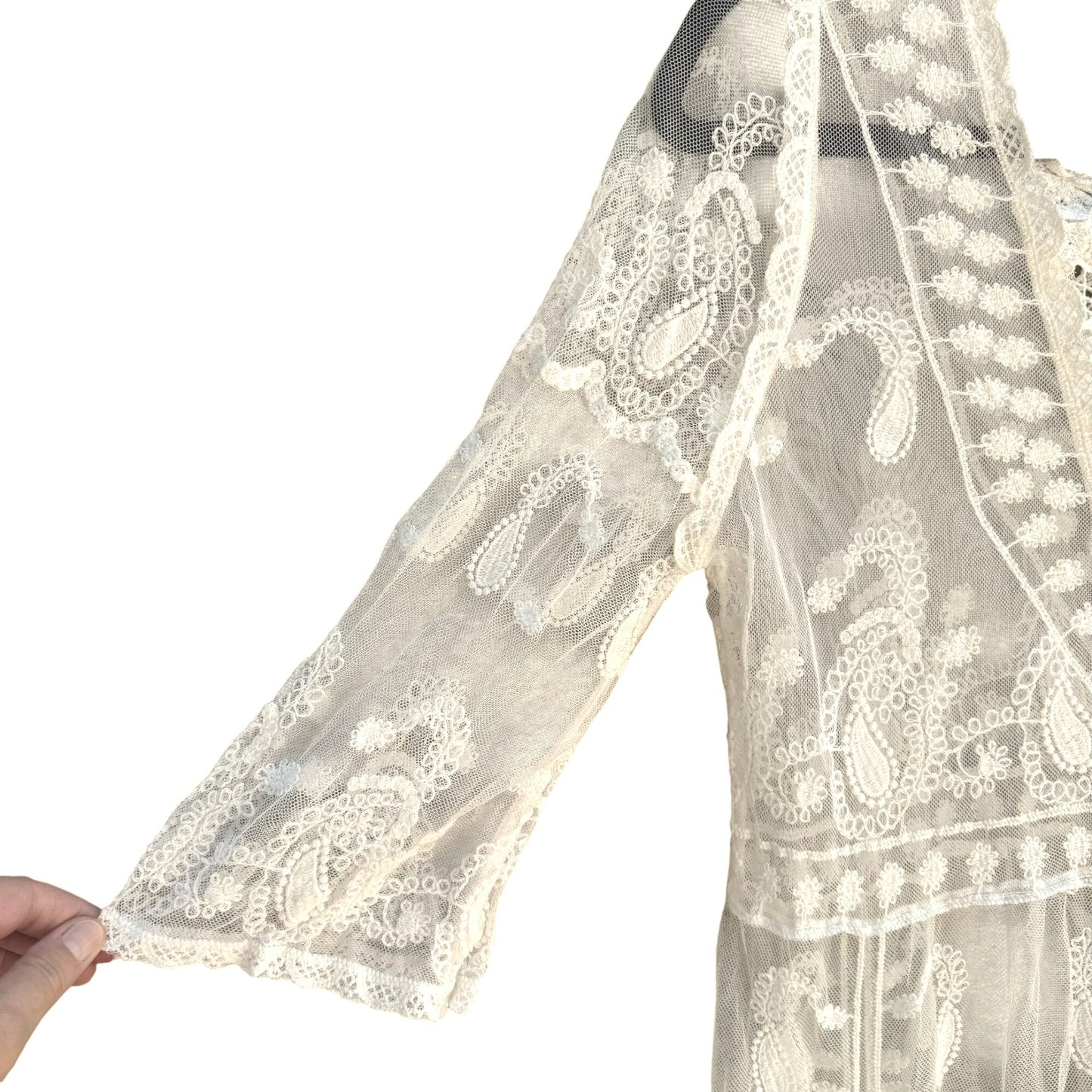 Pol Boho White Lace Sheer Floral Embroidery 3/4 Sleeves V-Neck Midi Coverup Dress