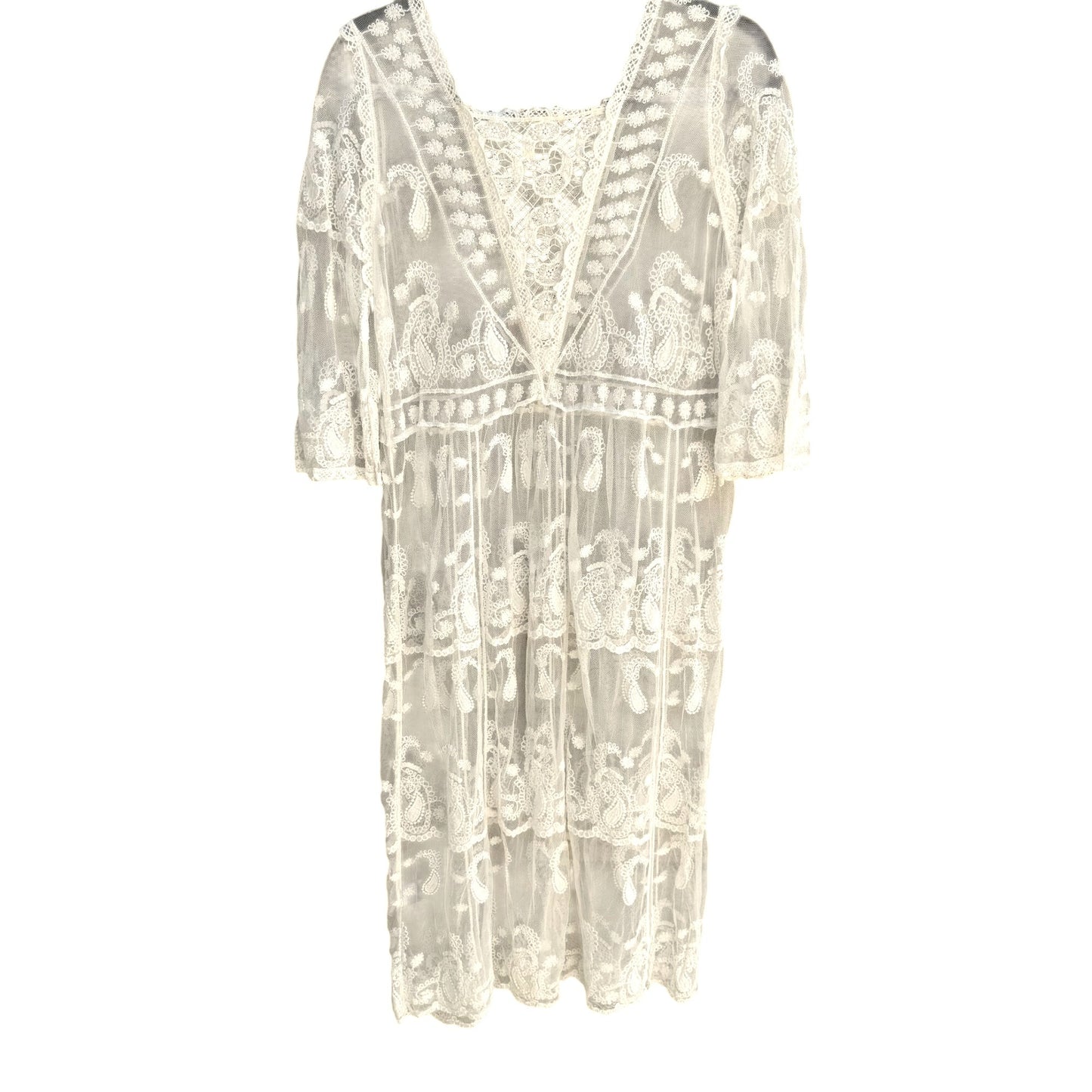 Pol Boho White Lace Sheer Floral Embroidery 3/4 Sleeves V-Neck Midi Coverup Dress
