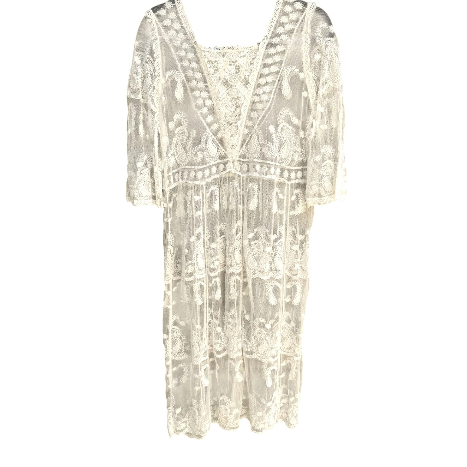 Pol Boho White Lace Sheer Floral Embroidery 3/4 Sleeves V-Neck Midi Coverup Dress