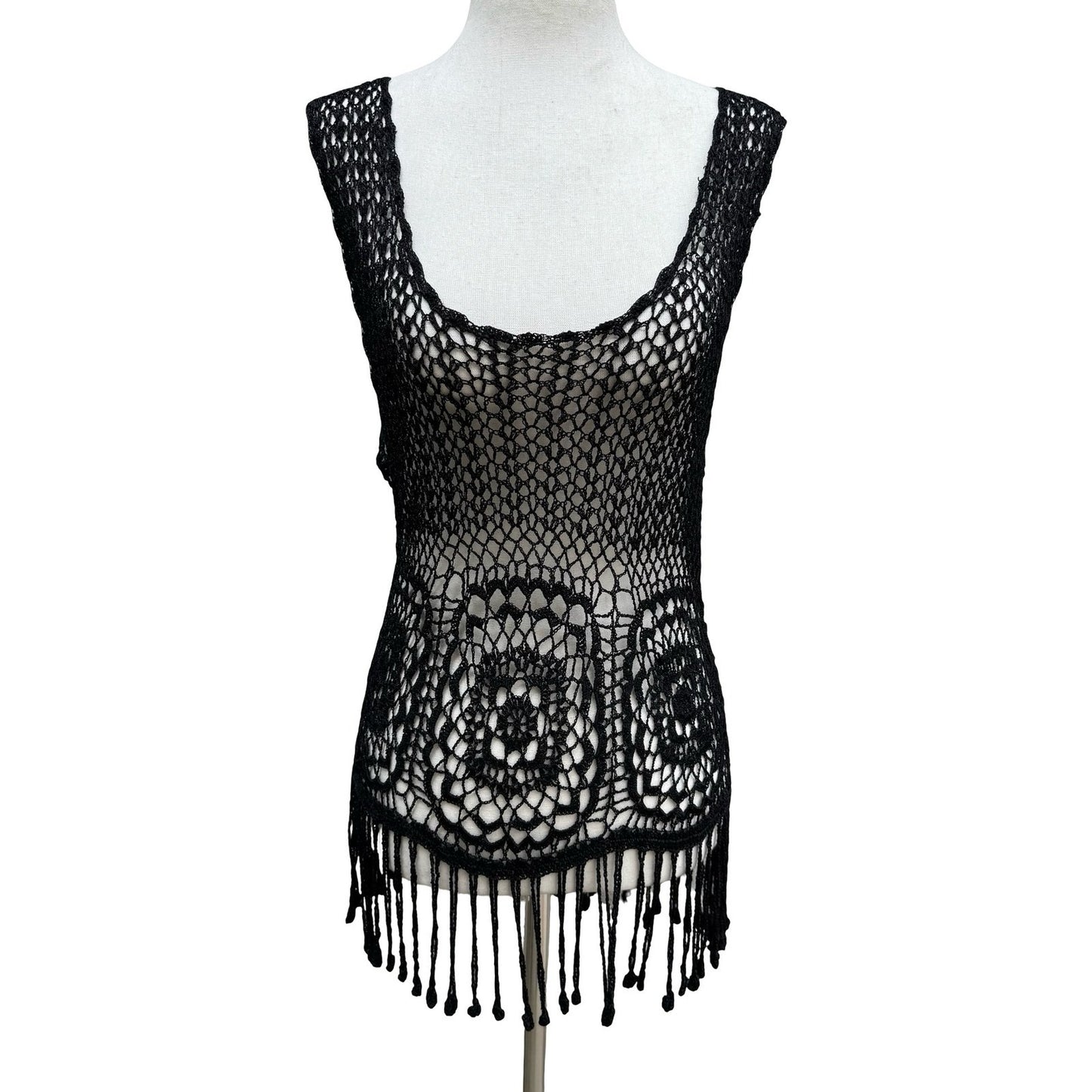 IDI Boho Festival Beachwear Coverup Hand Crochet Fringe Top Floral Open Knit L