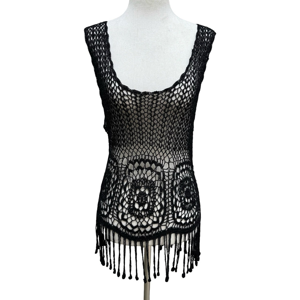 IDI Boho Festival Beachwear Coverup Hand Crochet Fringe Top Floral Open Knit L