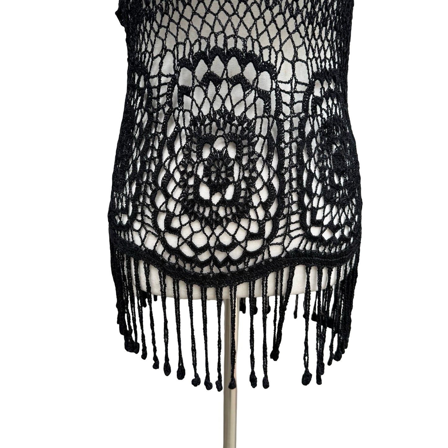 IDI Boho Festival Beachwear Coverup Hand Crochet Fringe Top Floral Open Knit L