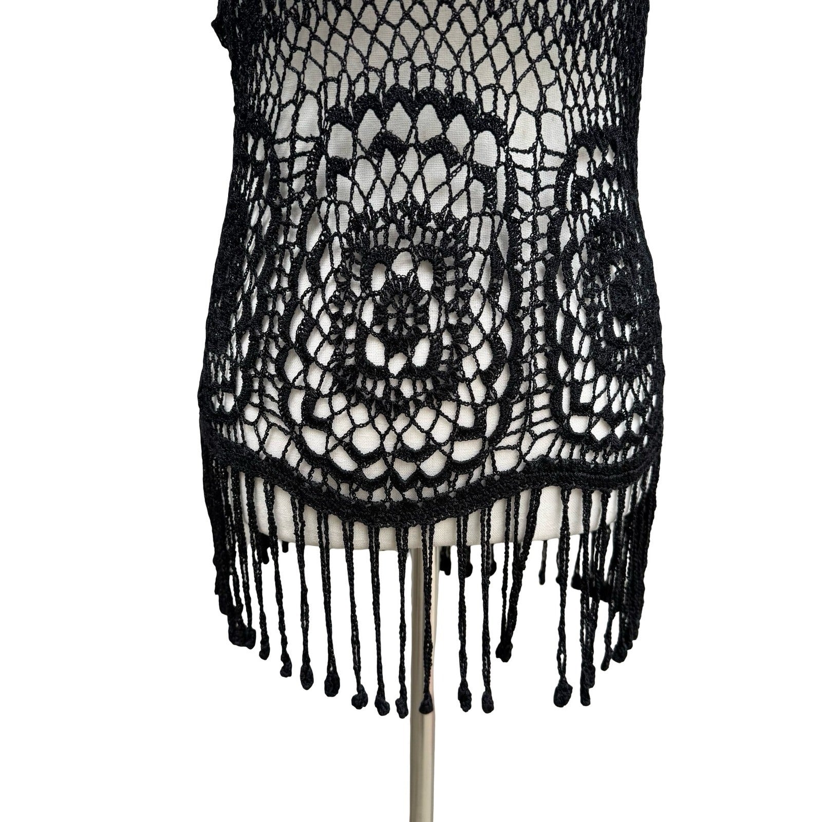IDI Boho Festival Beachwear Coverup Hand Crochet Fringe Top Floral Open Knit L