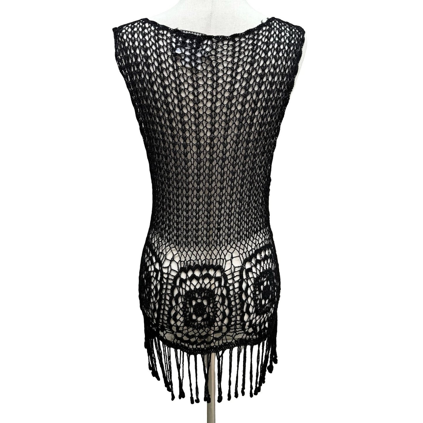 IDI Boho Festival Beachwear Coverup Hand Crochet Fringe Top Floral Open Knit L