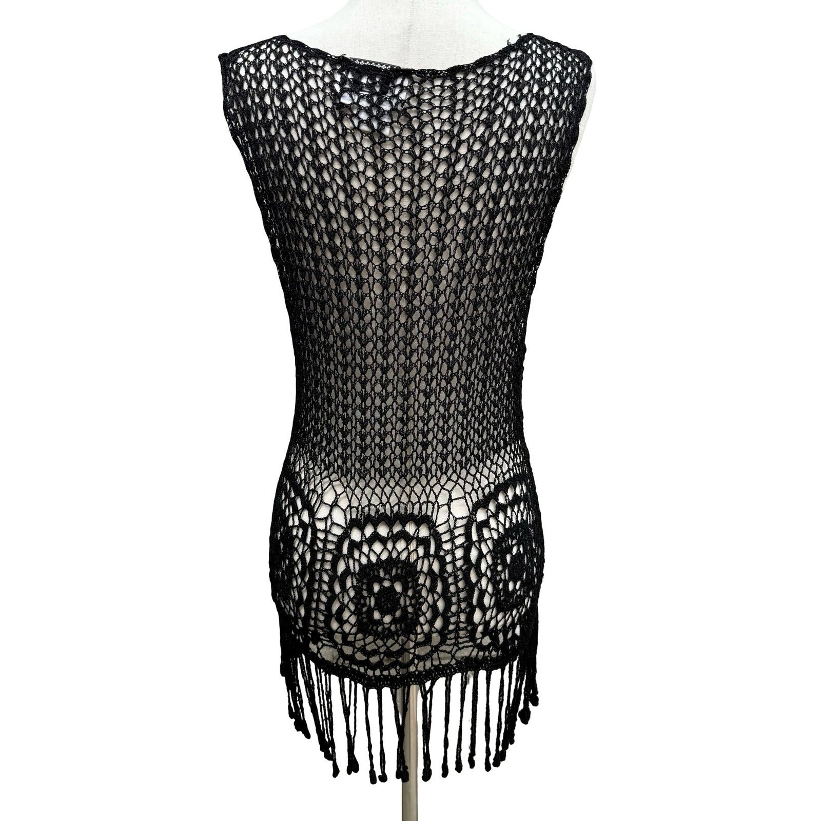 IDI Boho Festival Beachwear Coverup Hand Crochet Fringe Top Floral Open Knit L