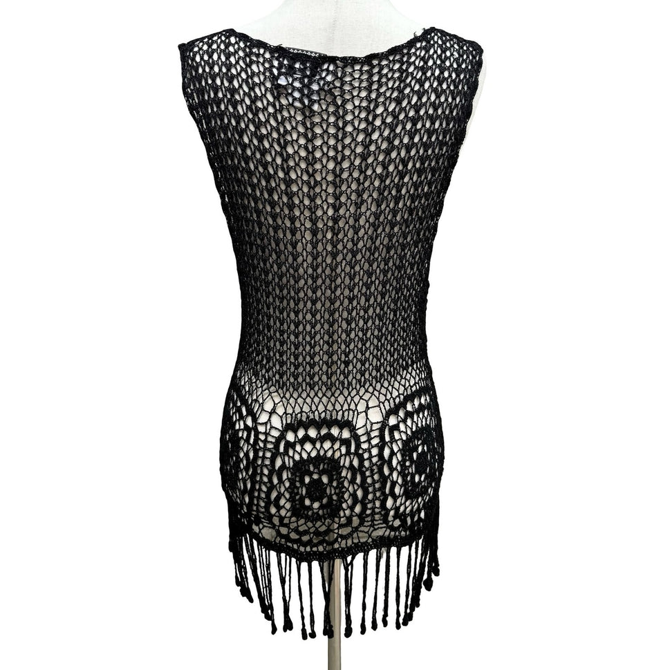IDI Boho Festival Beachwear Coverup Hand Crochet Fringe Top Floral Open Knit L