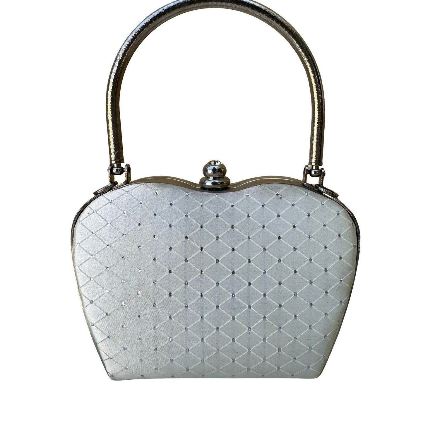 Vintage White Satin Quilted Heart Evening Clutch Silver Handle Rhinestone Bag