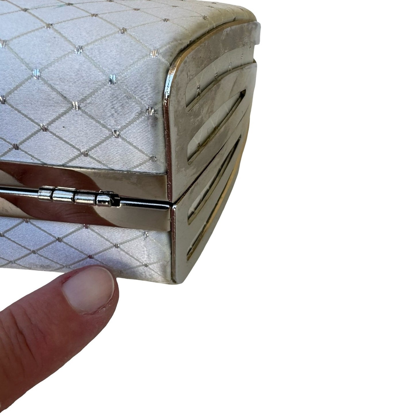 Vintage White Satin Quilted Heart Evening Clutch Silver Handle Rhinestone Bag