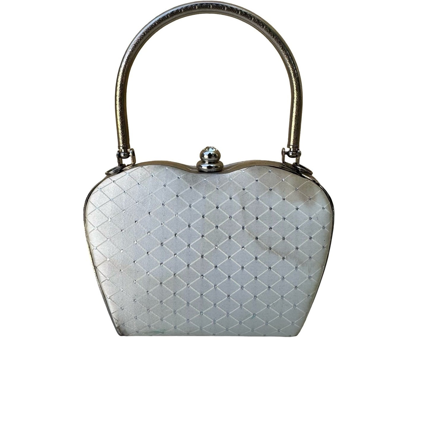 Vintage White Satin Quilted Heart Evening Clutch Silver Handle Rhinestone Bag