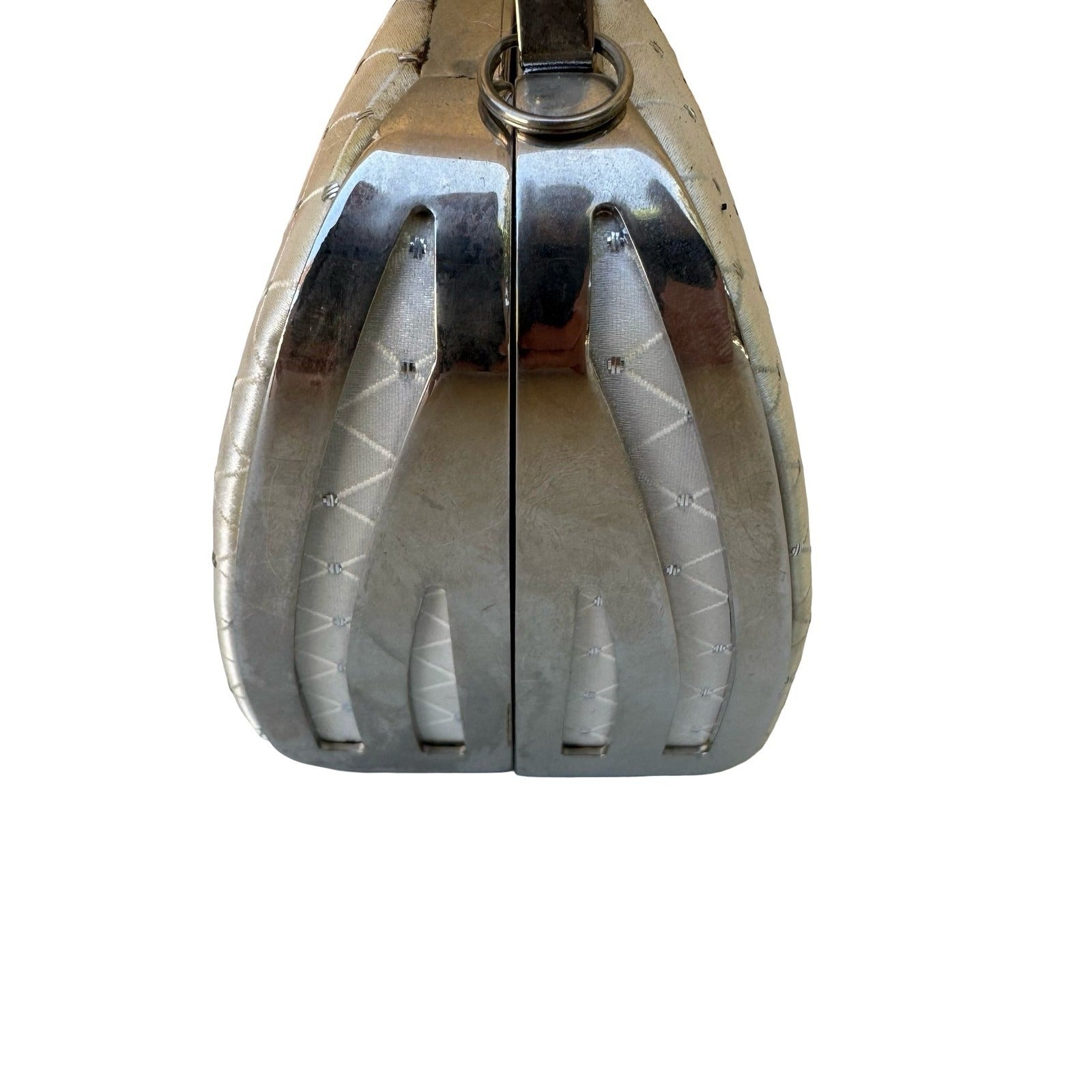 Vintage White Satin Quilted Heart Evening Clutch Silver Handle Rhinestone Bag