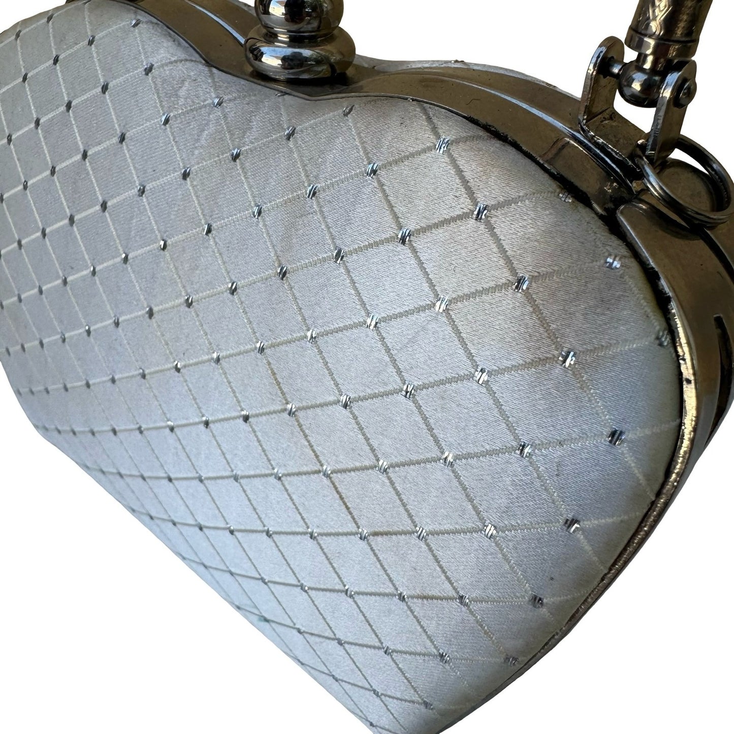 Vintage White Satin Quilted Heart Evening Clutch Silver Handle Rhinestone Bag