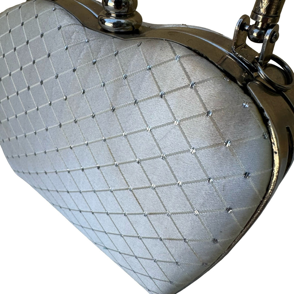Vintage White Satin Quilted Heart Evening Clutch Silver Handle Rhinestone Bag