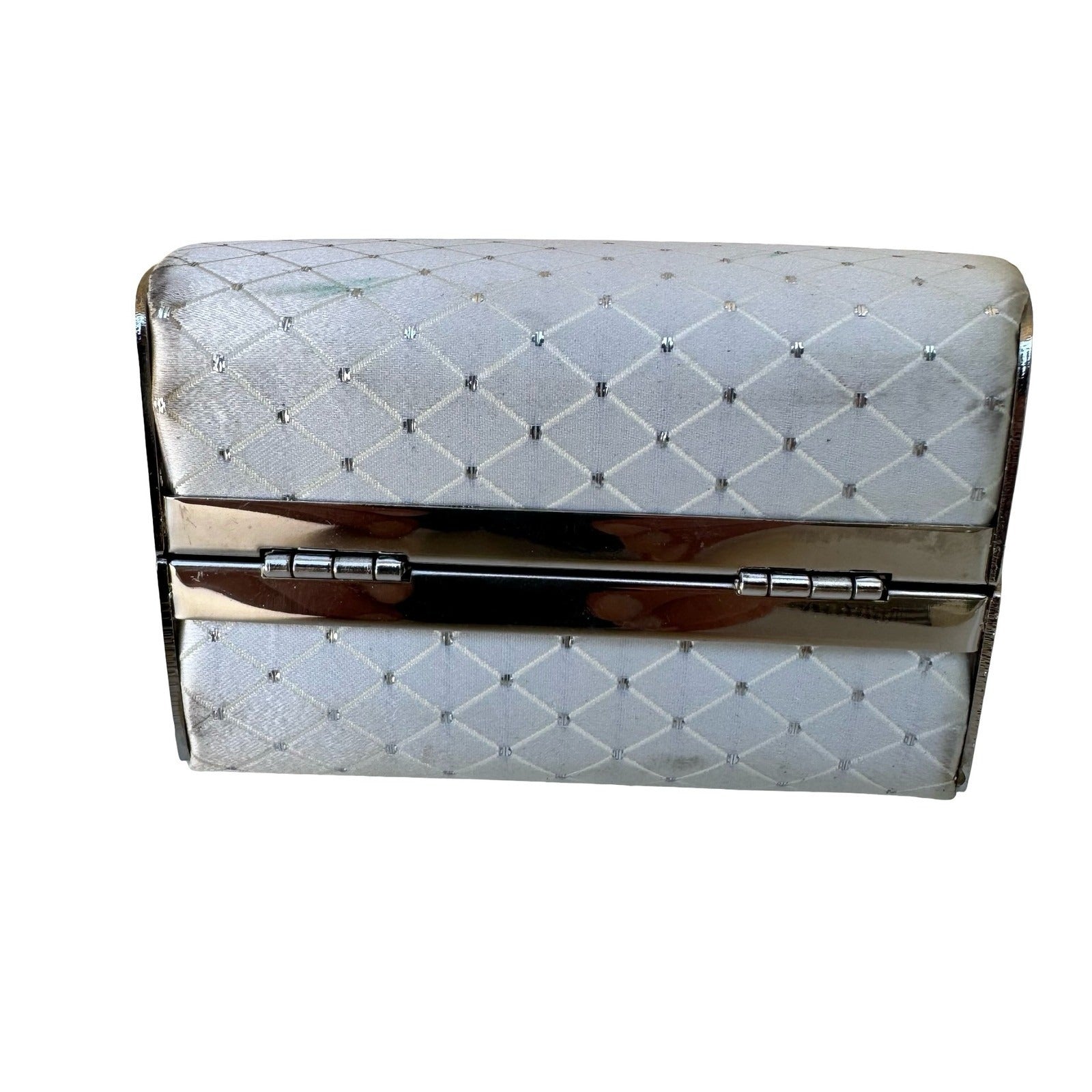 Vintage White Satin Quilted Heart Evening Clutch Silver Handle Rhinestone Bag