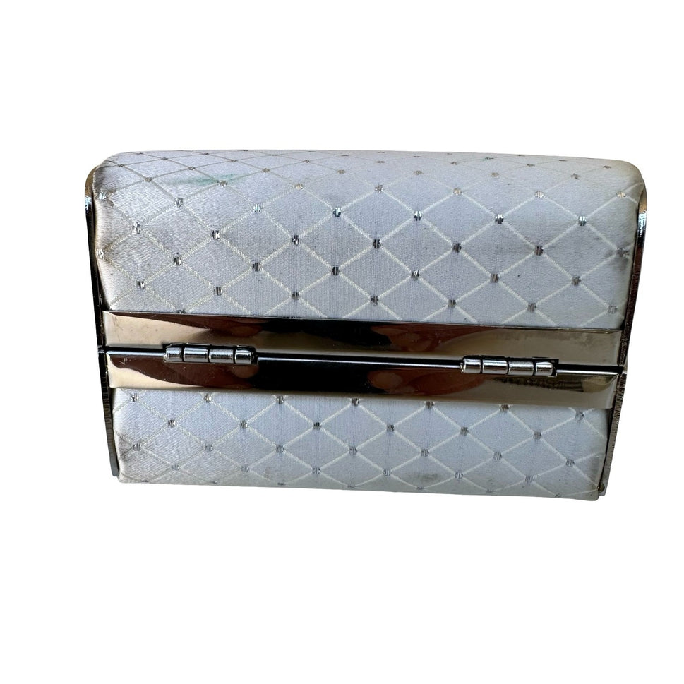 Vintage White Satin Quilted Heart Evening Clutch Silver Handle Rhinestone Bag