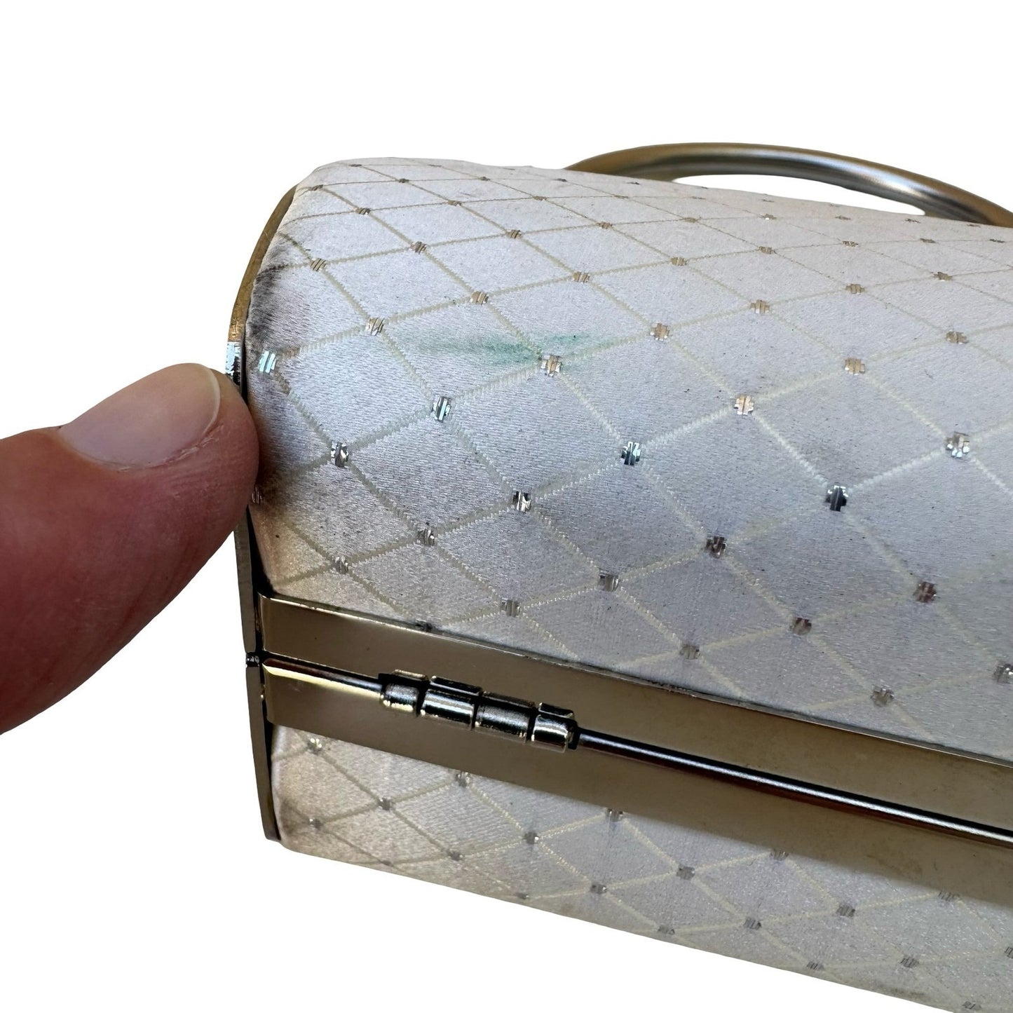 Vintage White Satin Quilted Heart Evening Clutch Silver Handle Rhinestone Bag