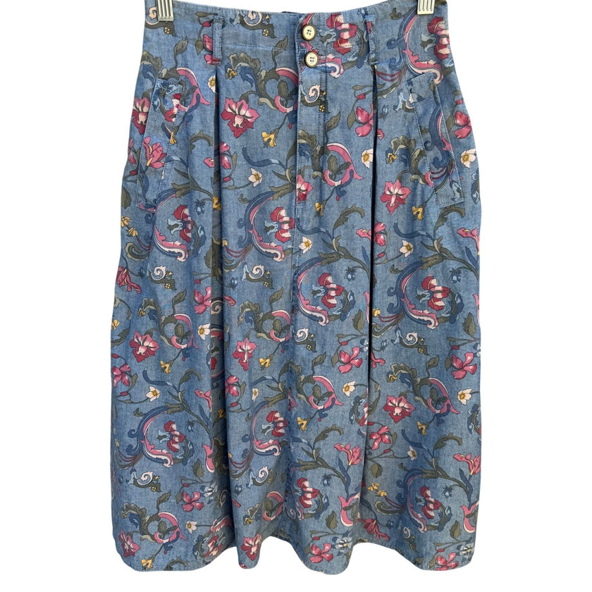 Lizwear Vintage Floral Cotton Denim Midi Prairie Skirt Blue Pleated Womens 4P