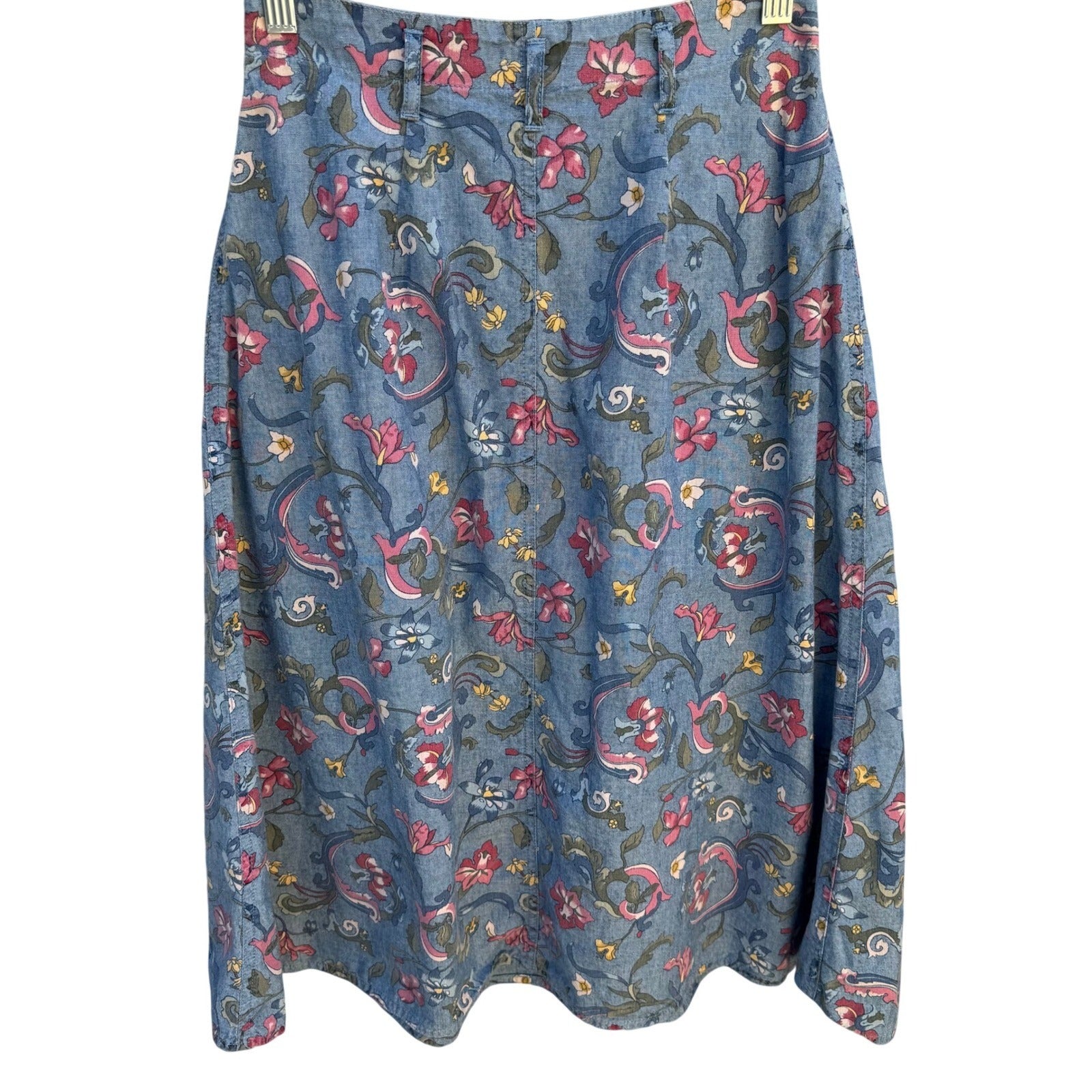 Lizwear Vintage Floral Cotton Denim Midi Prairie Skirt Blue Pleated Womens 4P