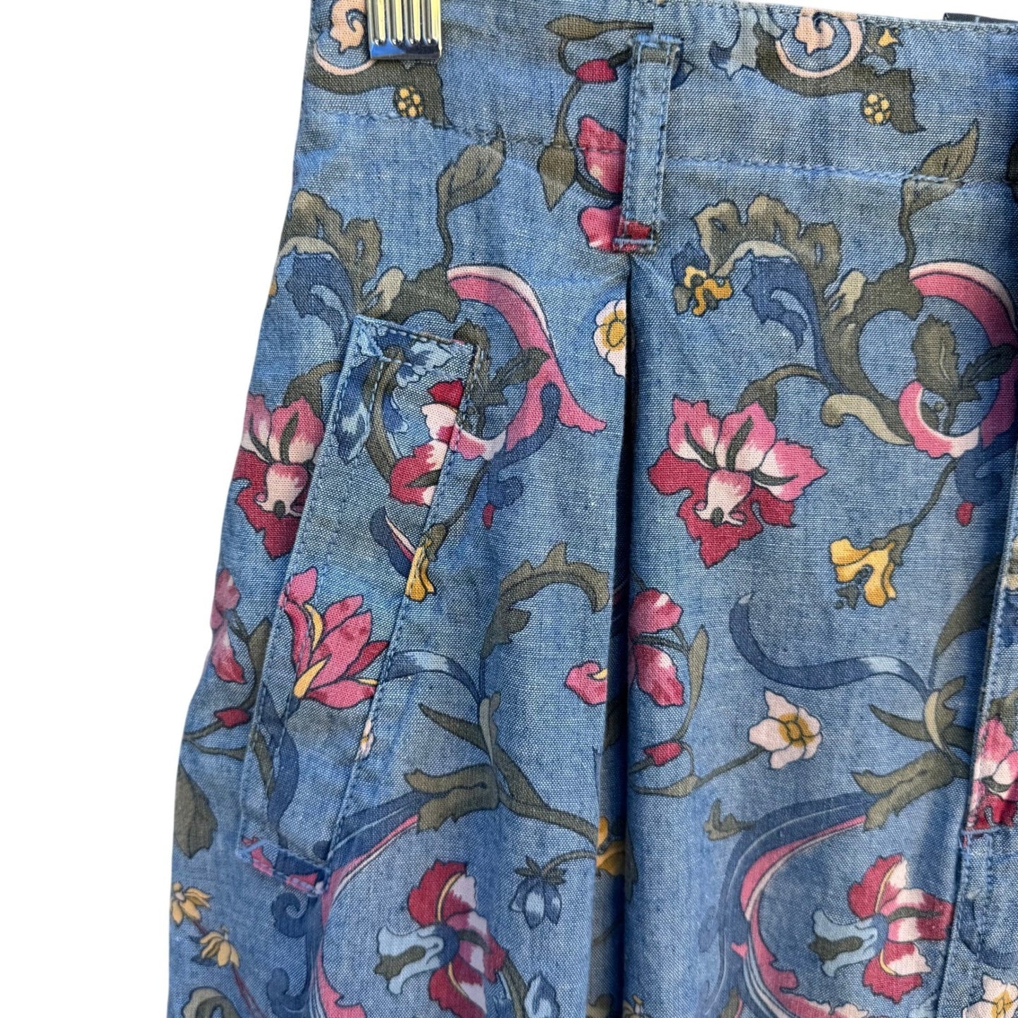 Lizwear Vintage Floral Cotton Denim Midi Prairie Skirt Blue Pleated Womens 4P