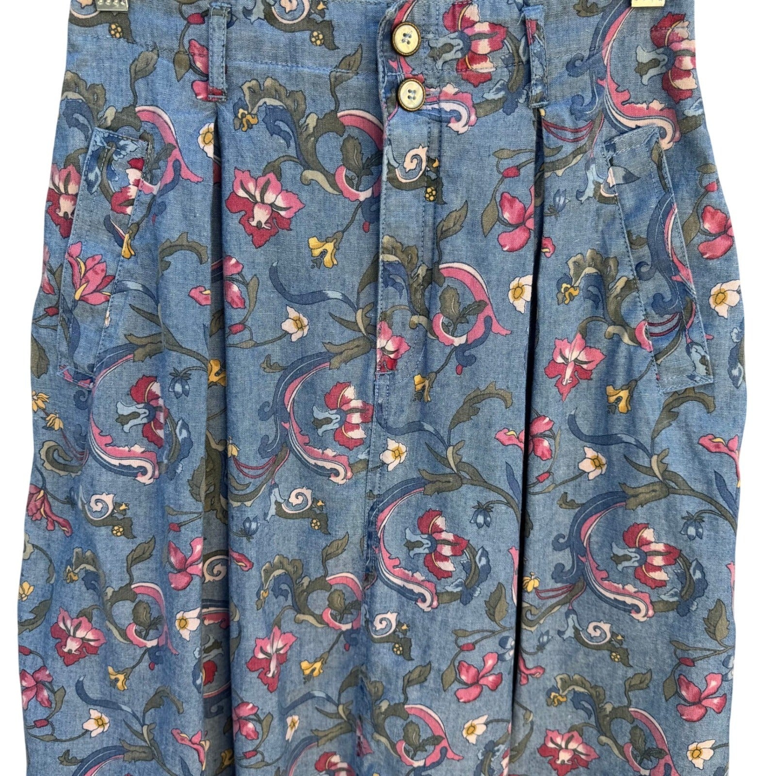 Lizwear Vintage Floral Cotton Denim Midi Prairie Skirt Blue Pleated Womens 4P
