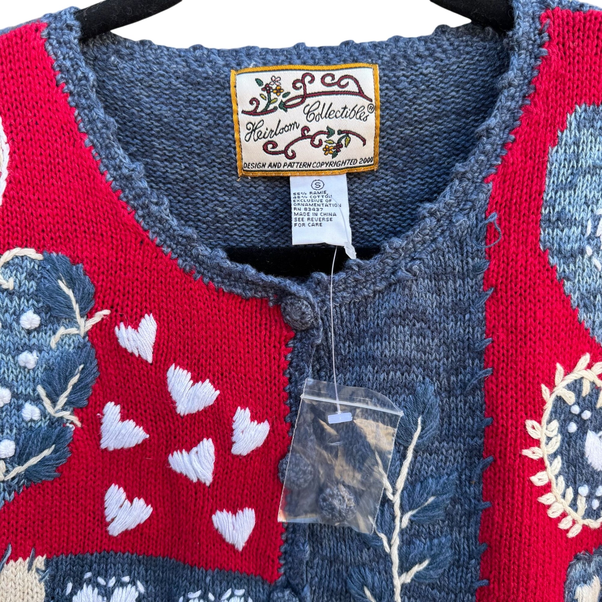 Heirloom Collectibles Patchwork Heart Design Knit Buttons Granny Sweater New S