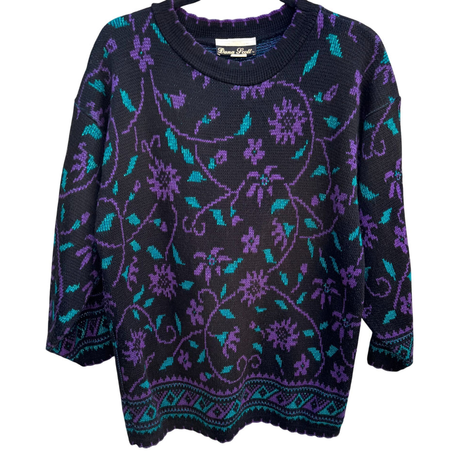 Dana Scott Vintage Womens Black Purple Teal Floral Cottagecore Granny Sweater M