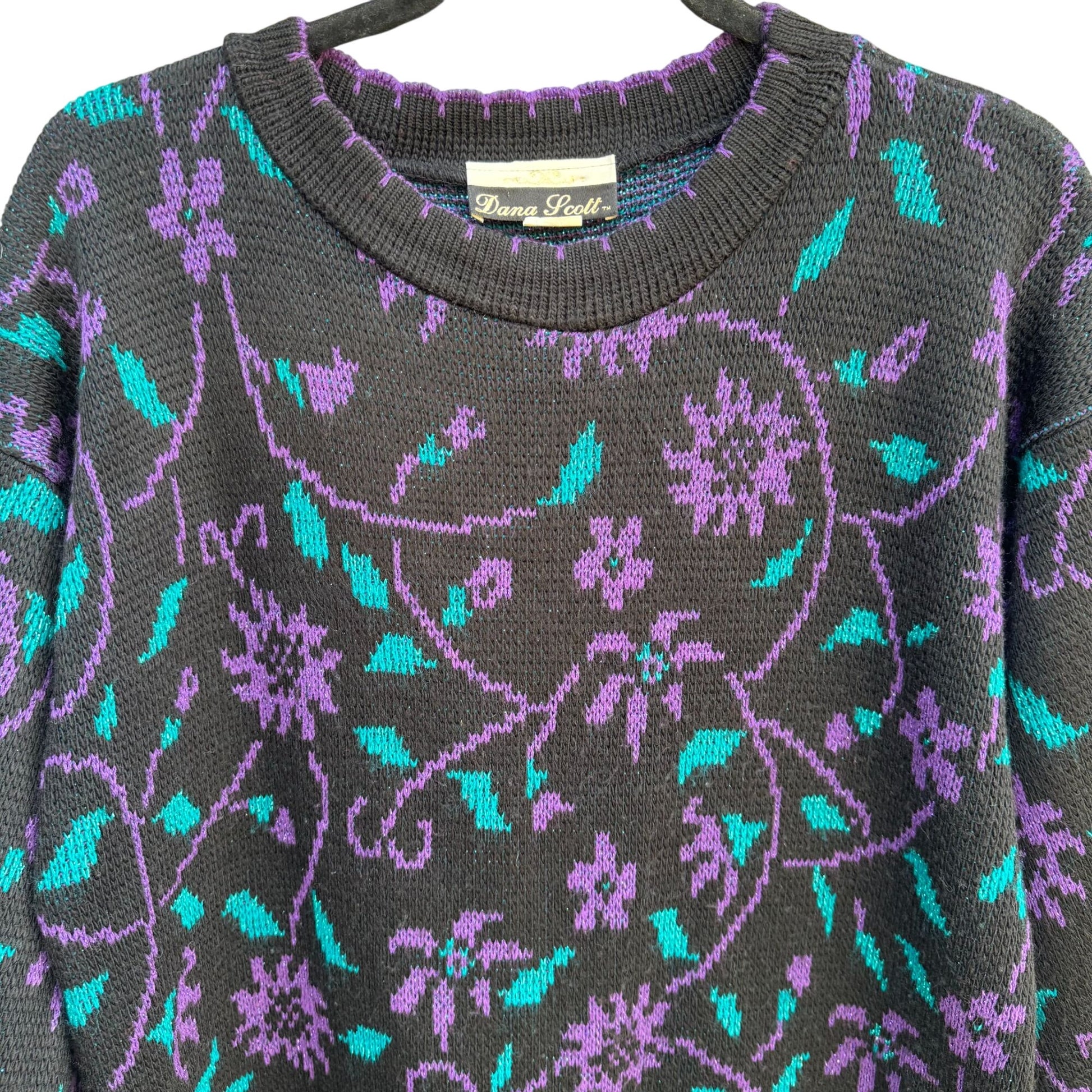 Dana Scott Vintage Womens Black Purple Teal Floral Cottagecore Granny Sweater M