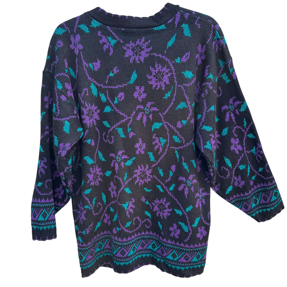 Dana Scott Vintage Womens Black Purple Teal Floral Cottagecore Granny Sweater M