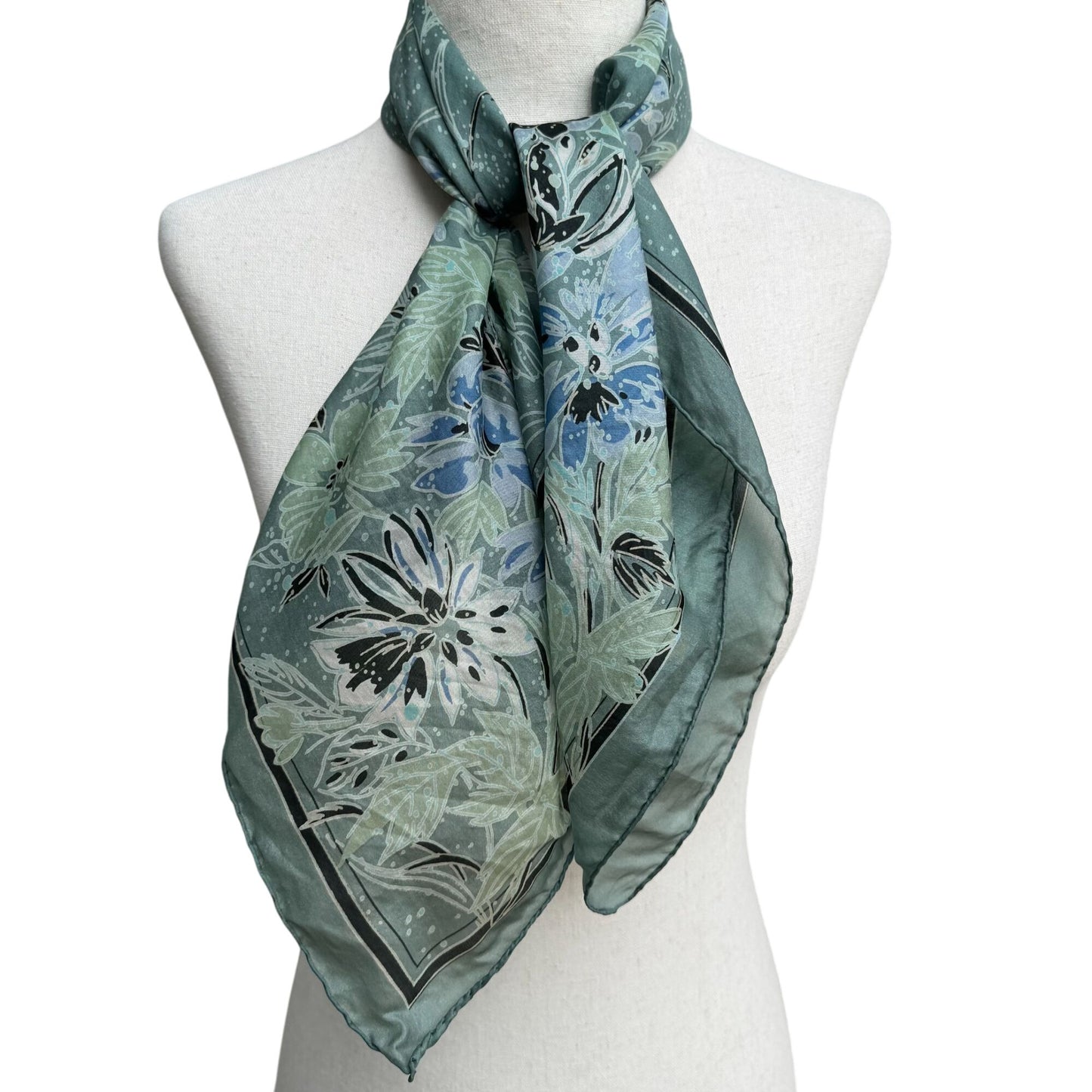 Vintage Womens Green Floral Watercolor Square Hand Sewn Silk Scarf Wrap Bandana