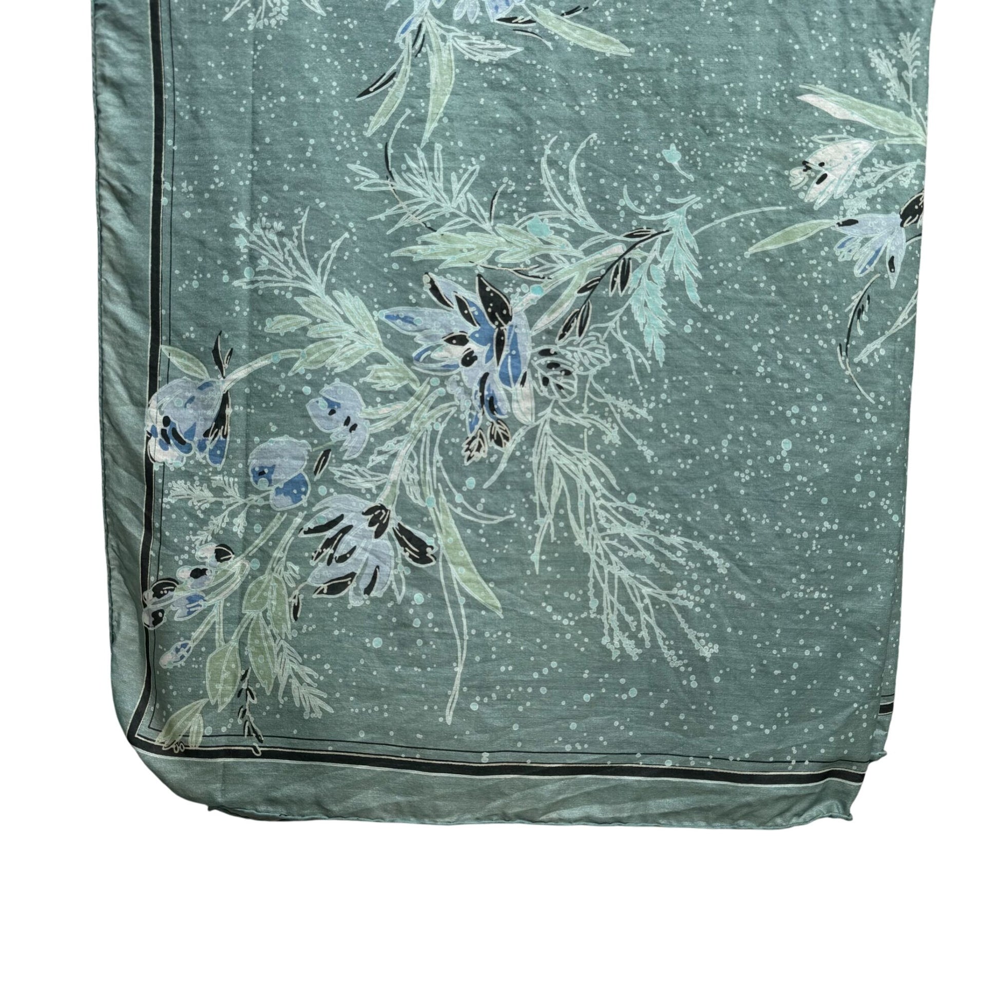 Vintage Womens Green Floral Watercolor Square Hand Sewn Silk Scarf Wrap Bandana