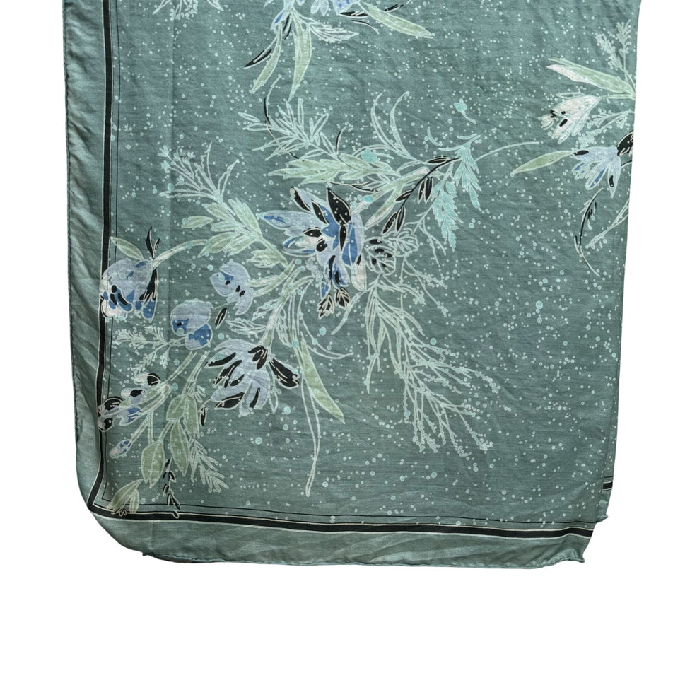 Vintage Womens Green Floral Watercolor Square Hand Sewn Silk Scarf Wrap Bandana