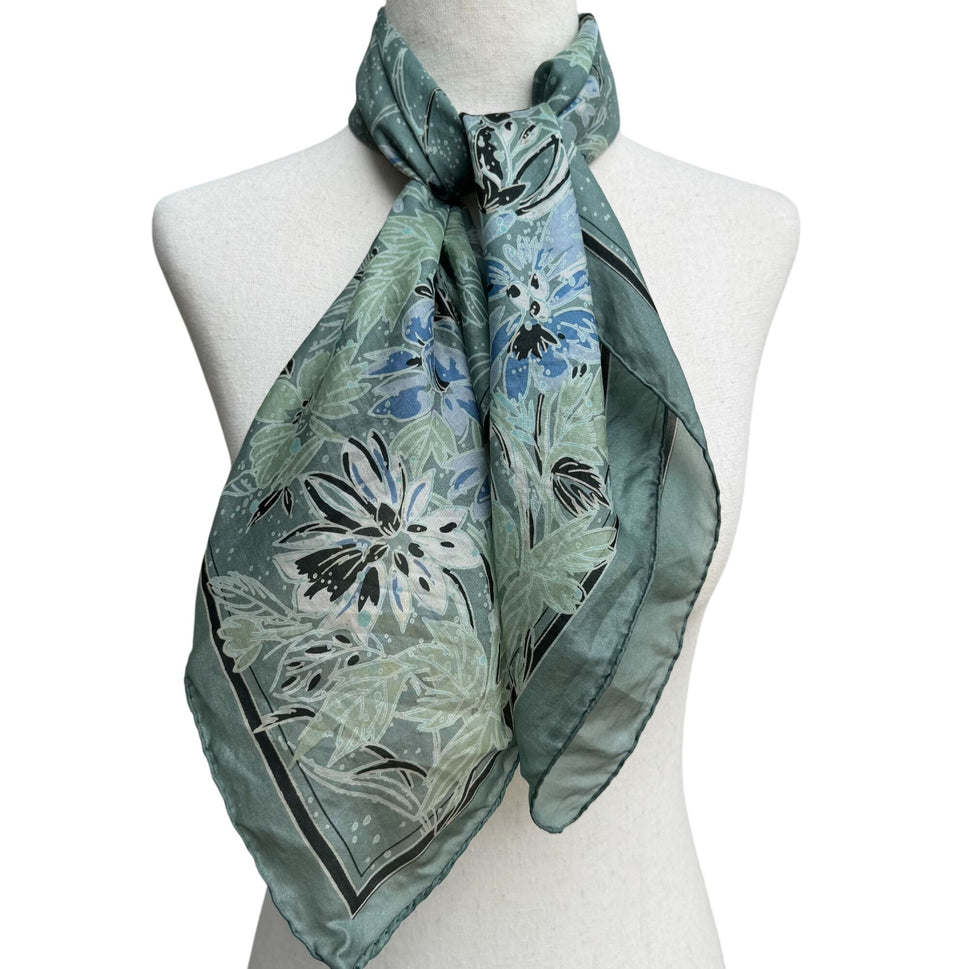 Vintage Womens Green Floral Watercolor Square Hand Sewn Silk Scarf Wrap Bandana