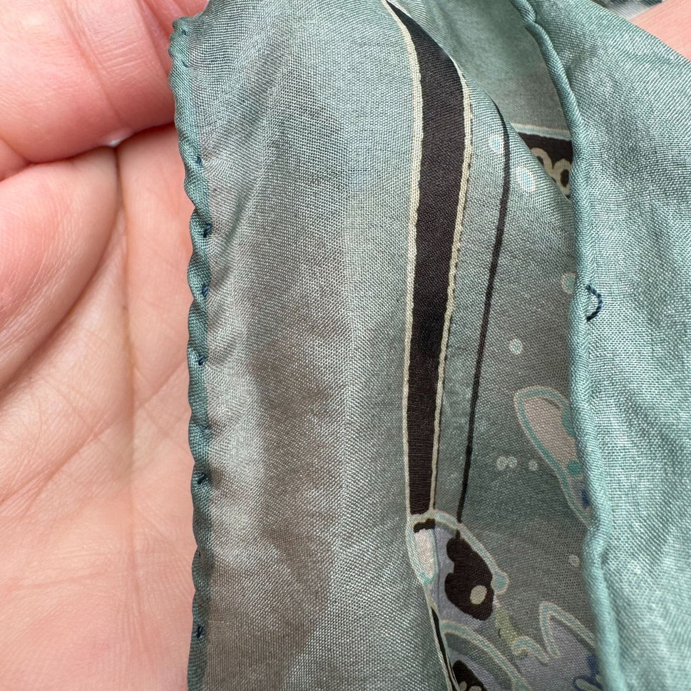 Vintage Womens Green Floral Watercolor Square Hand Sewn Silk Scarf Wrap Bandana