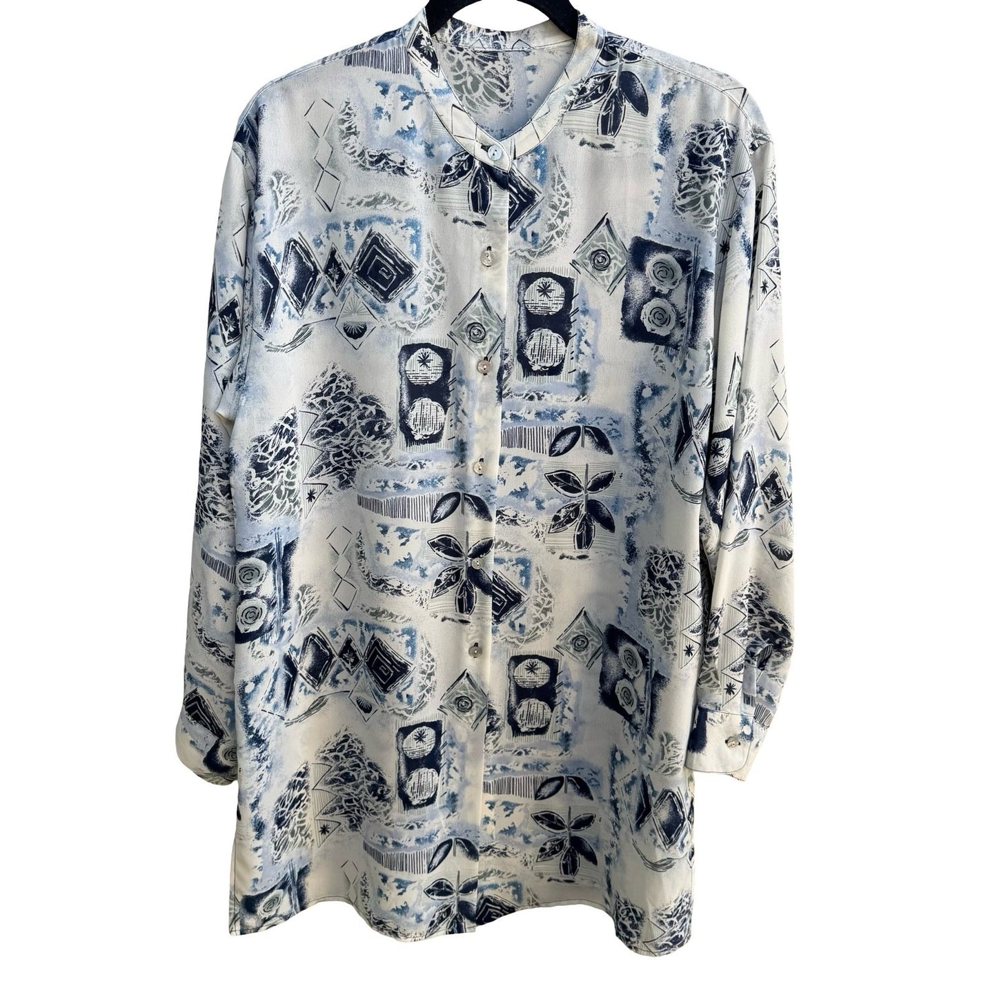 Vintage 90s Abstract Art To Wear Geometric Mandarin Band Collar Blouse Blue XL
