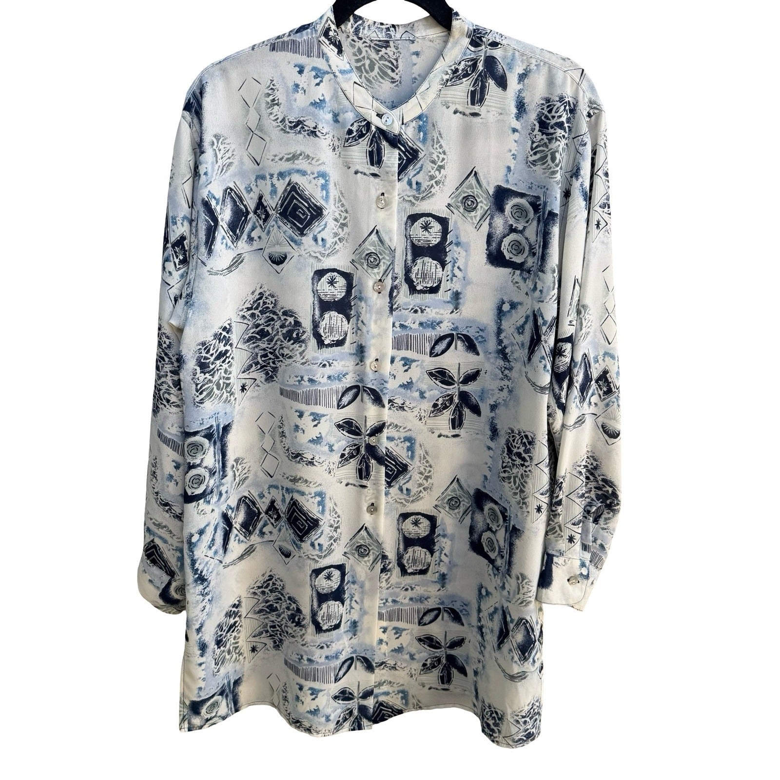 Vintage 90s Abstract Art To Wear Geometric Mandarin Band Collar Blouse Blue XL