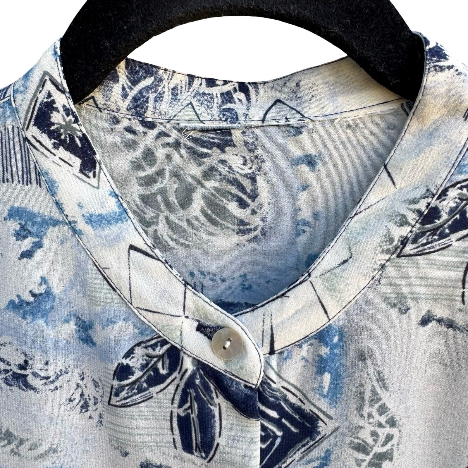 Vintage 90s Abstract Art To Wear Geometric Mandarin Band Collar Blouse Blue XL