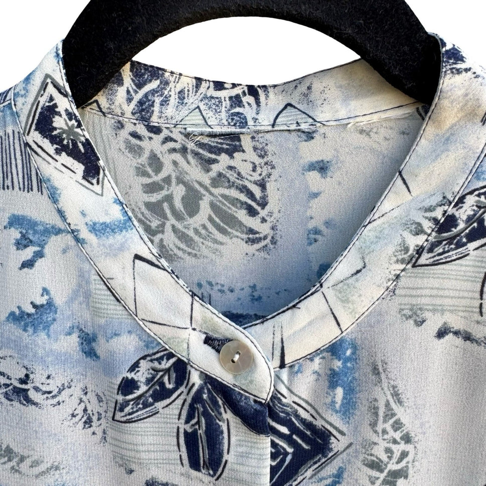 Vintage 90s Abstract Art To Wear Geometric Mandarin Band Collar Blouse Blue XL