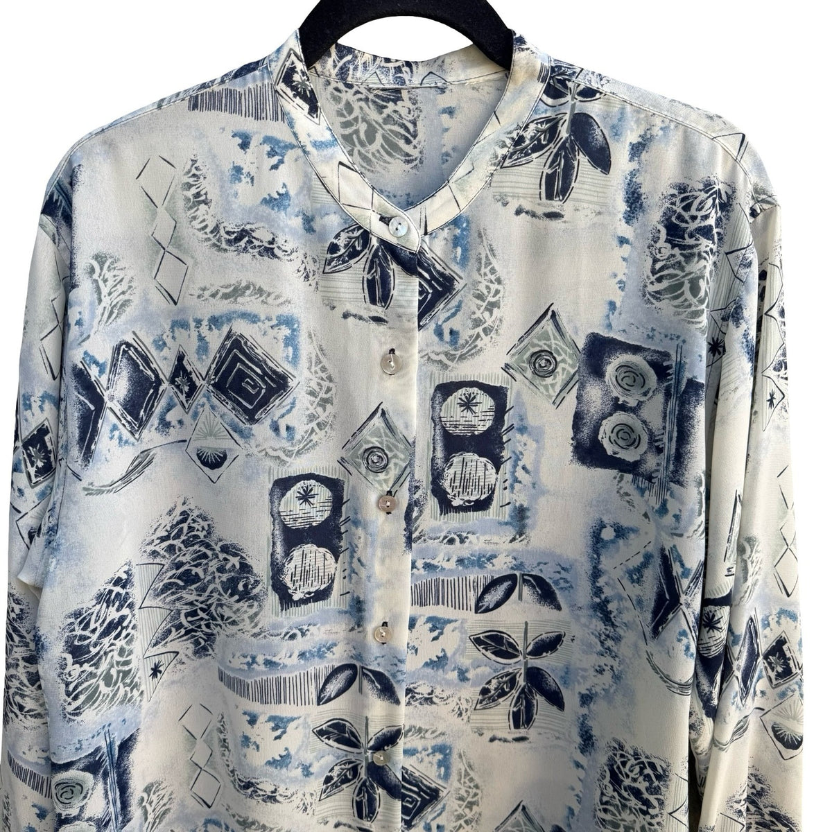 Vintage 90s Abstract Art To Wear Geometric Mandarin Band Collar Blouse Blue XL