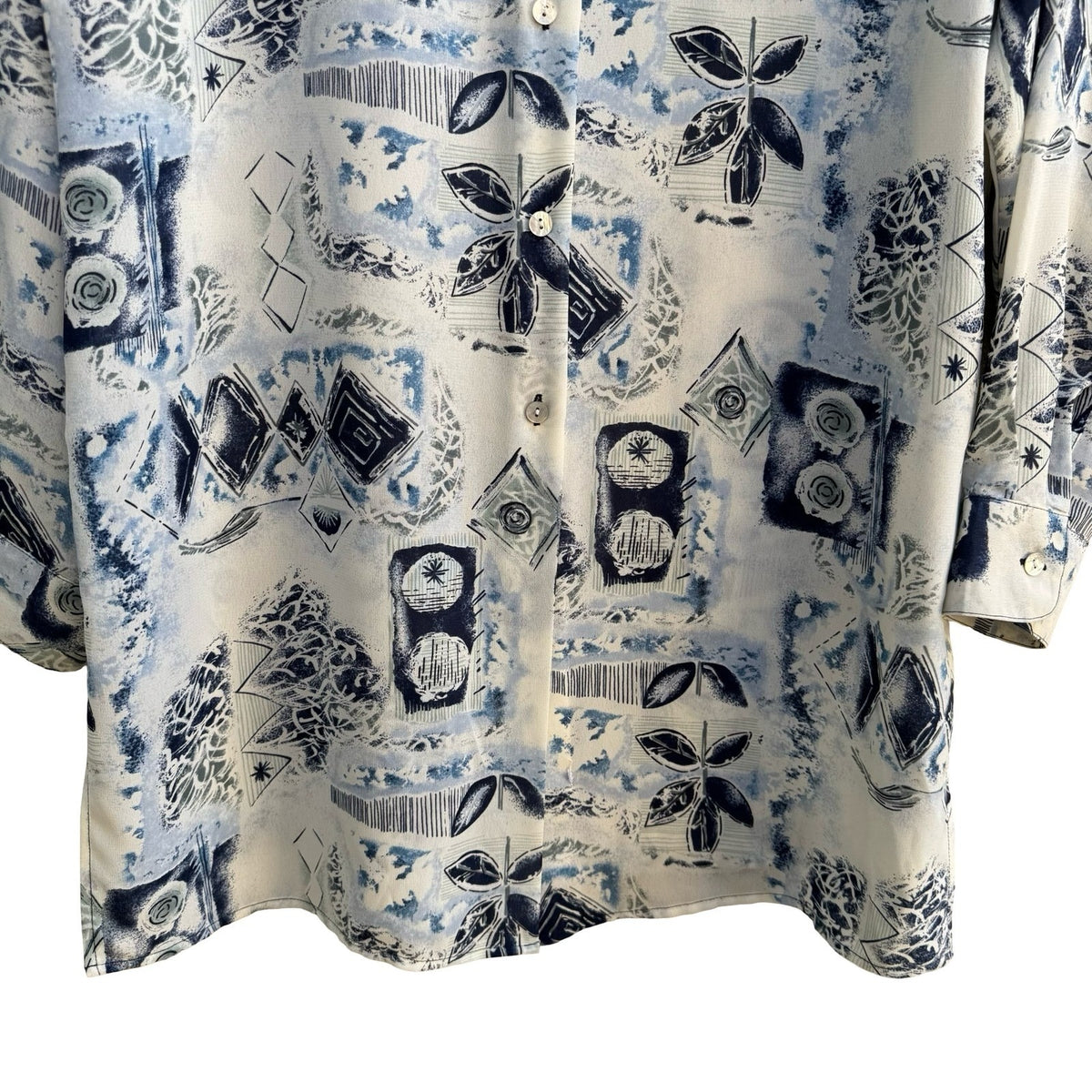 Vintage 90s Abstract Art To Wear Geometric Mandarin Band Collar Blouse Blue XL