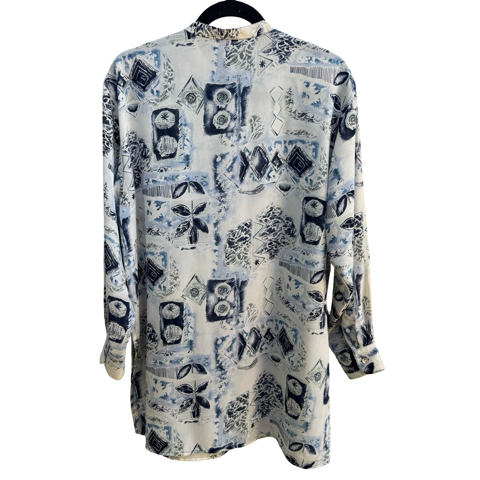 Vintage 90s Abstract Art To Wear Geometric Mandarin Band Collar Blouse Blue XL