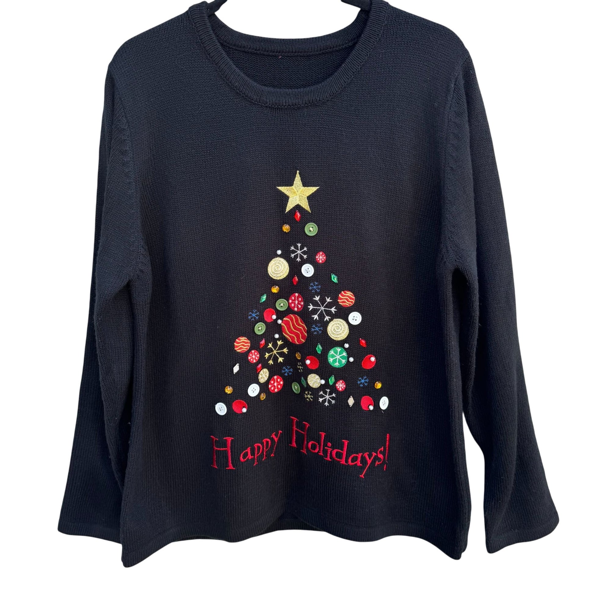 Vintage Black Long Sleeve Christmas Button Tree Design Happy Holidays Sweater