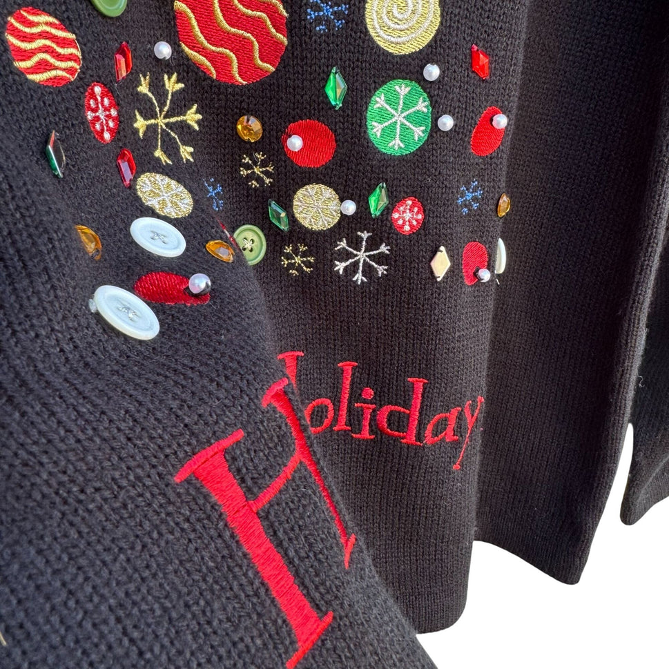 Vintage Black Long Sleeve Christmas Button Tree Design Happy Holidays Sweater