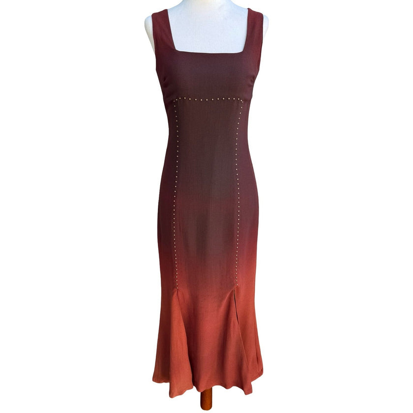 Vintage 90s Silk Ombre Gradient Studded Boho Whimsigoth Edgy Grunge Maxi Dress S