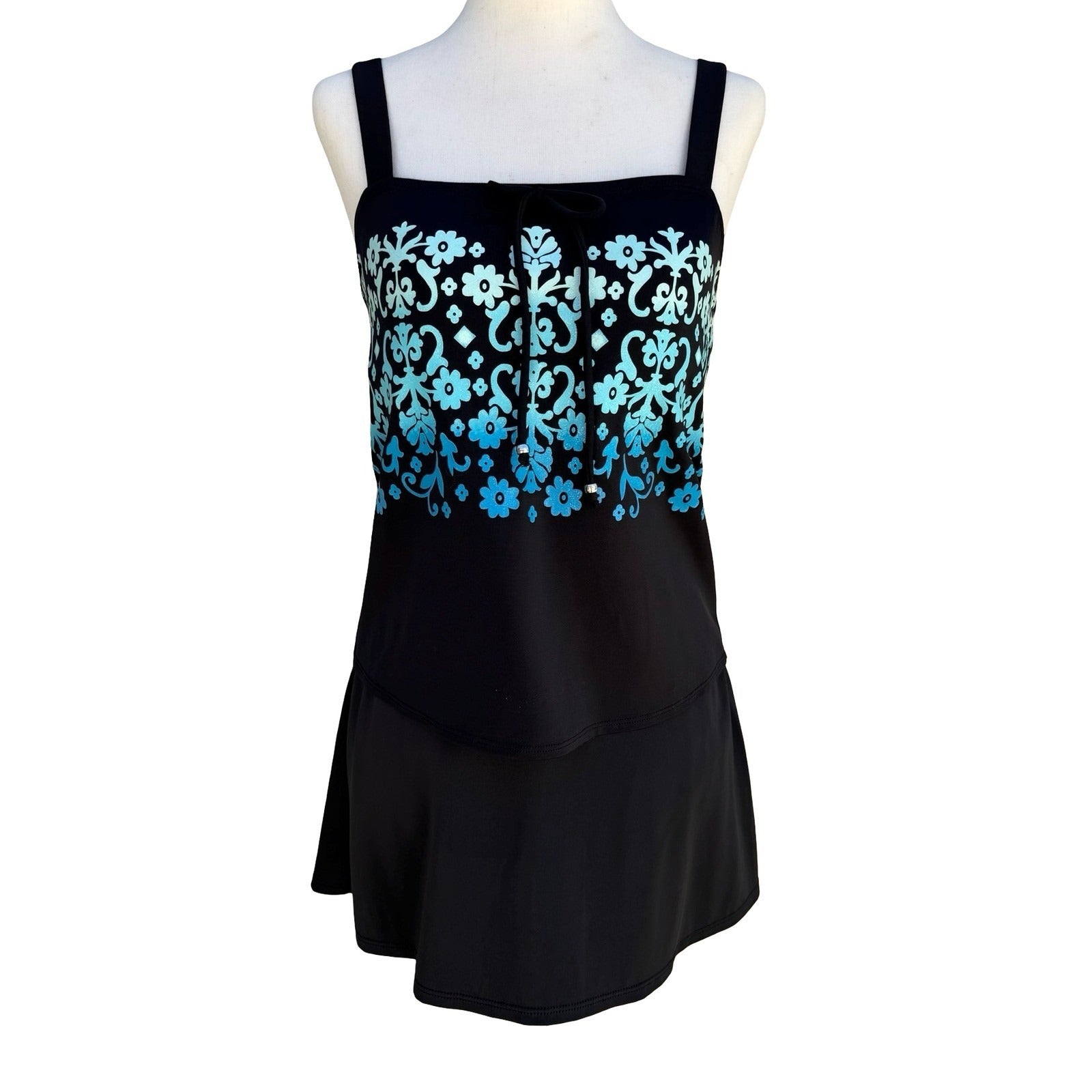 Tropical Escape Womens Black Floral Damask Tiered Tankini Swim Skirt Set Size 10
