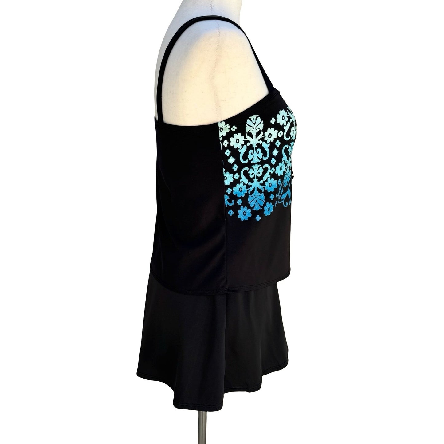 Tropical Escape Womens Black Floral Damask Tiered Tankini Swim Skirt Set Size 10