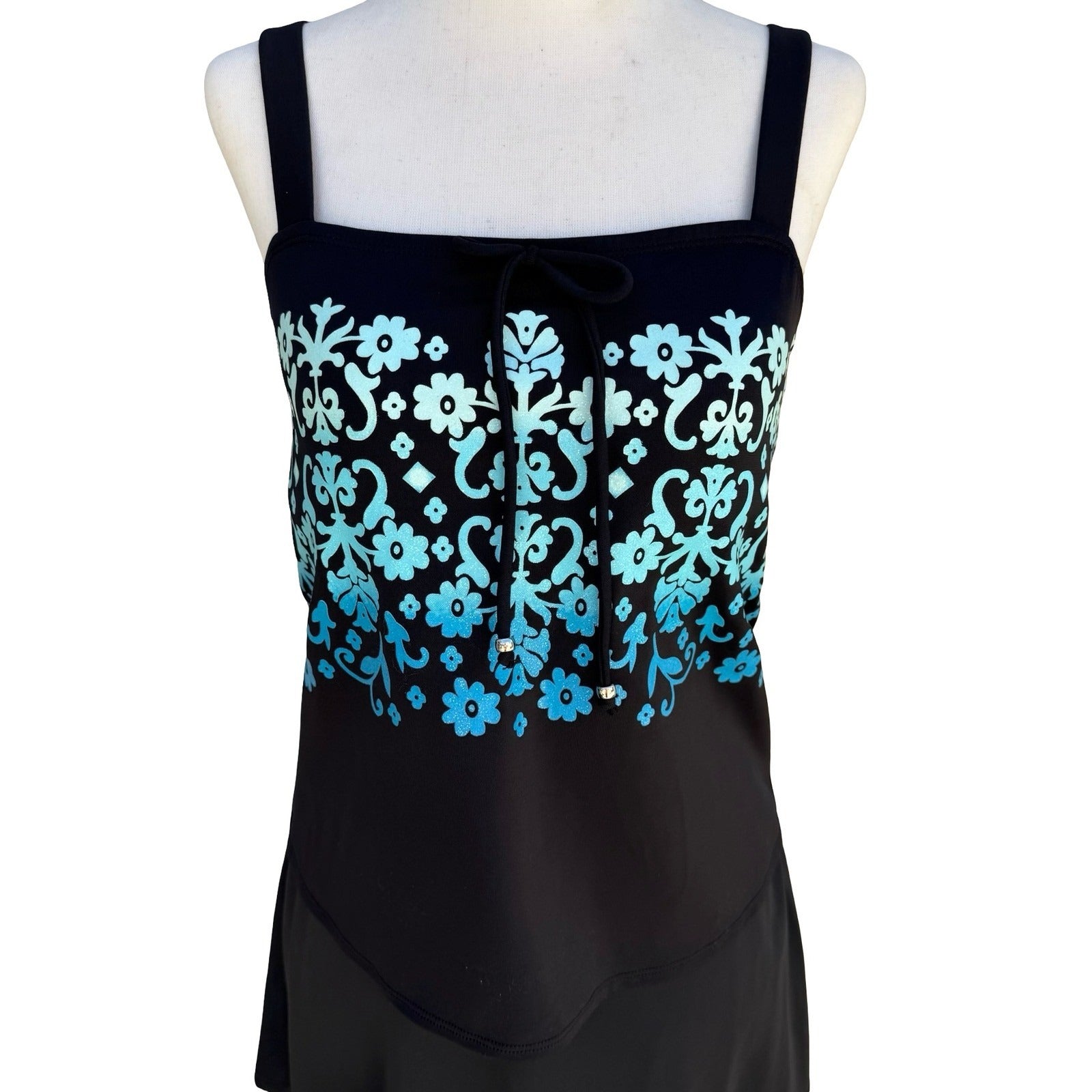 Tropical Escape Womens Black Floral Damask Tiered Tankini Swim Skirt Set Size 10