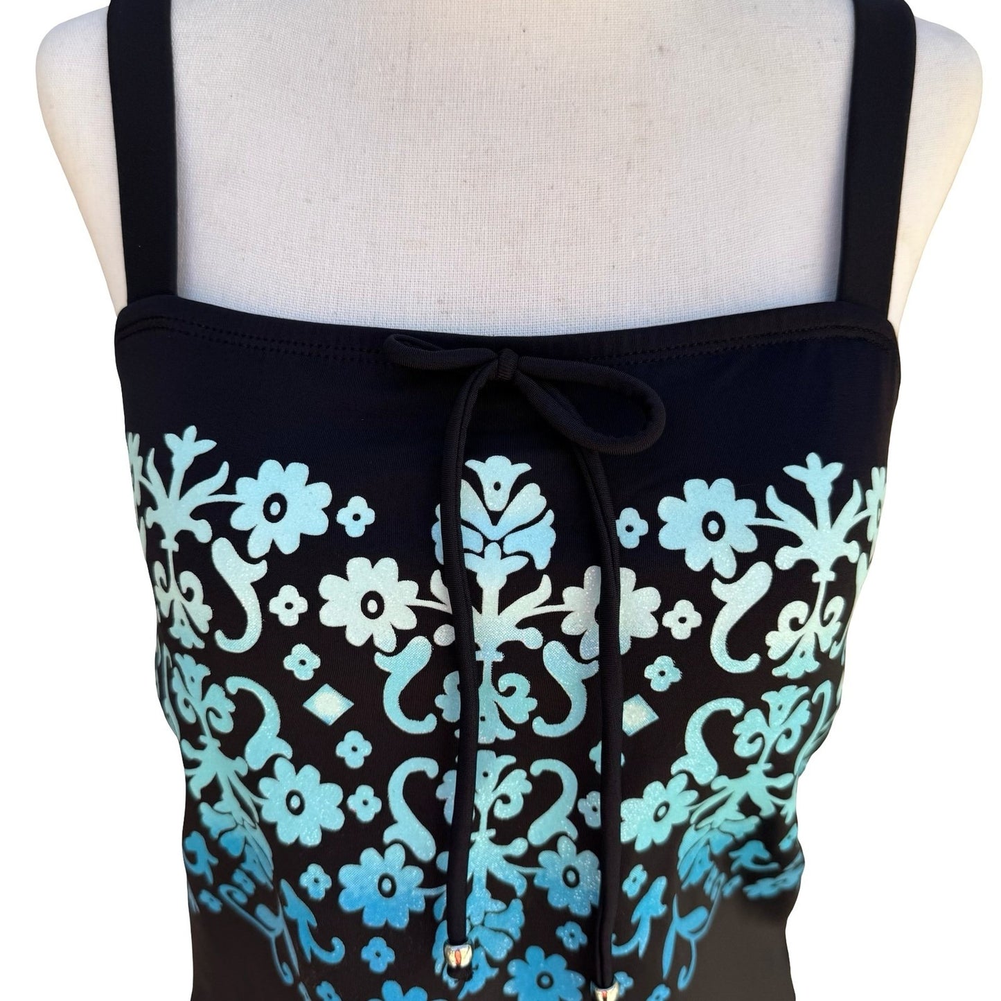 Tropical Escape Womens Black Floral Damask Tiered Tankini Swim Skirt Set Size 10