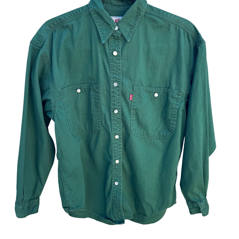 Levis Jeans Womens S Vintage Forest Green Cotton Twill Snap Western Shirt Rugged