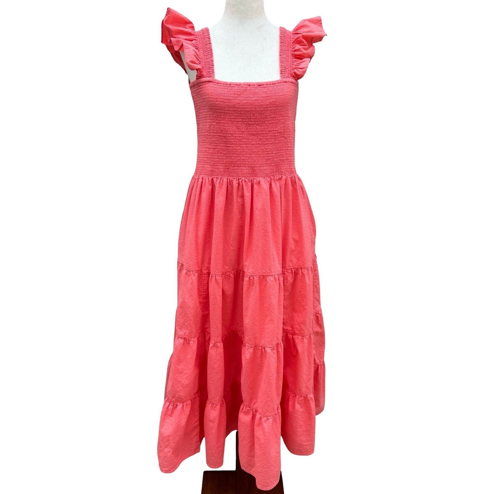 Lands End Pink Smocked Tiered Midi Dress Milkmaid Ruffle Straps Cotton Womens L