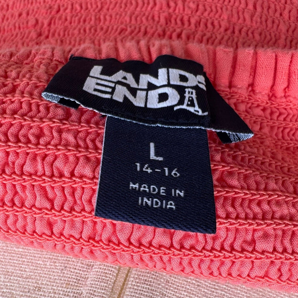 Lands End Pink Smocked Tiered Midi Dress Milkmaid Ruffle Straps Cotton Womens L